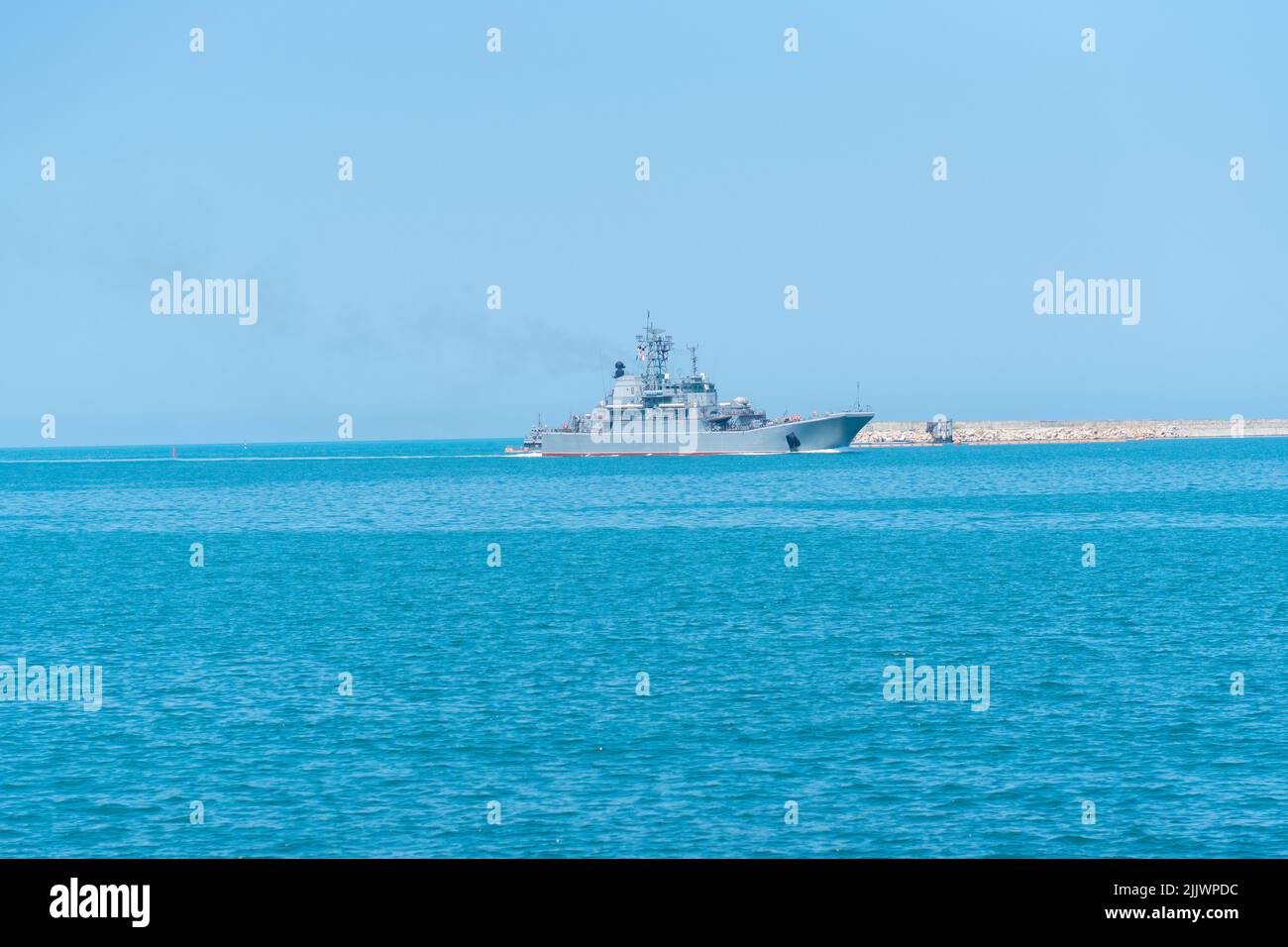 RUSSIA, CRIMEA - JUL 08, 2022: Russian group russia military navy sevastopol day sky parade rehearsal, from boat vessel in fleet for harbor coast Stock Photo