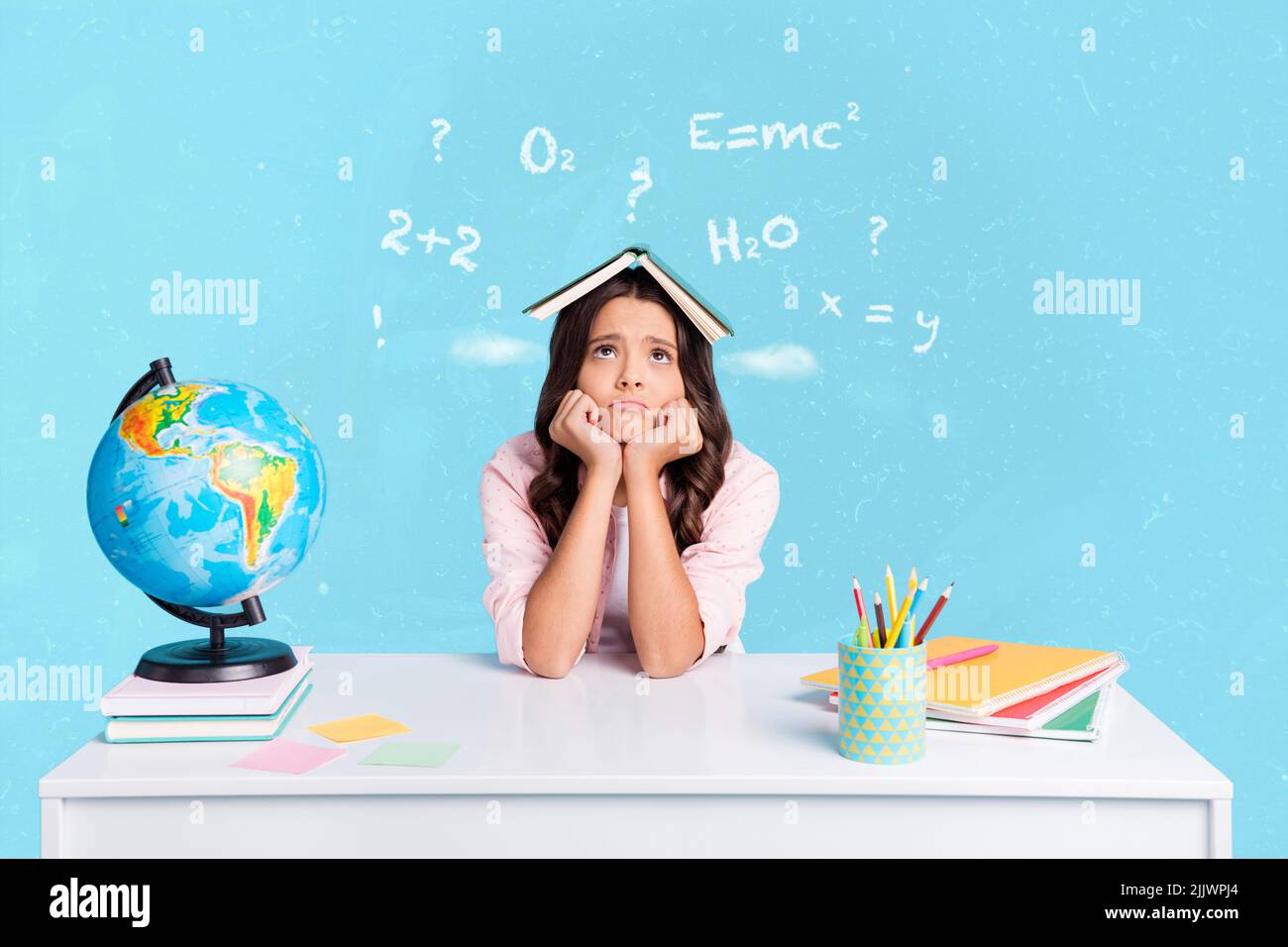Poster collage of exhausted school child doing test can not solving