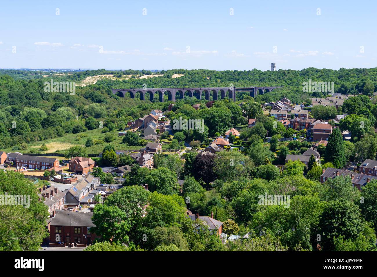 Aerial view of Conisbrough town and Conisbrough Viaduct a disused railway viaduct Conisbrough near Doncaster South Yorkshire England Uk GB Europe Stock Photo