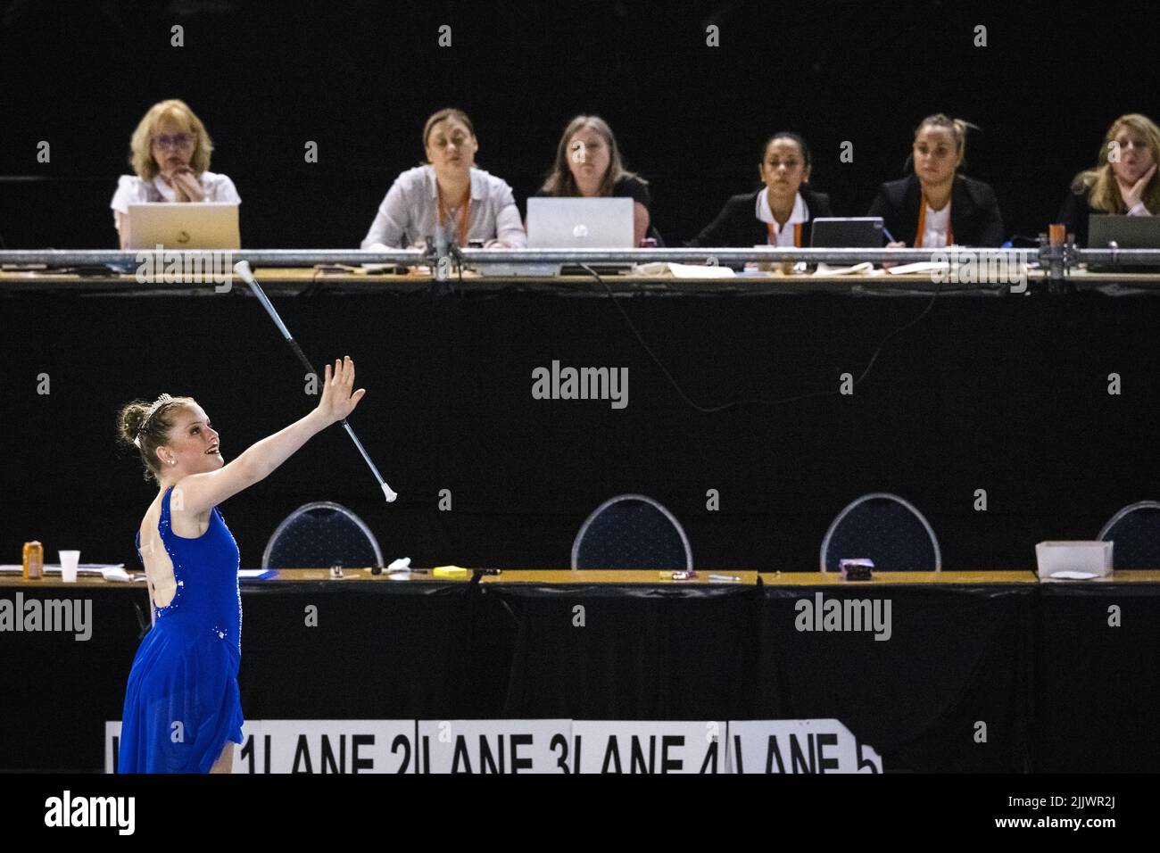 2022-07-28 15:35:30 EINDHOVEN - A participant in action on the first day of the Baton Twirling World Championship. The athletes do various gymnastics and dance exercises to rhythmic music the baton, a special kind of stick. ANP ROB ENGELAAR netherlands out - belgium out Stock Photo