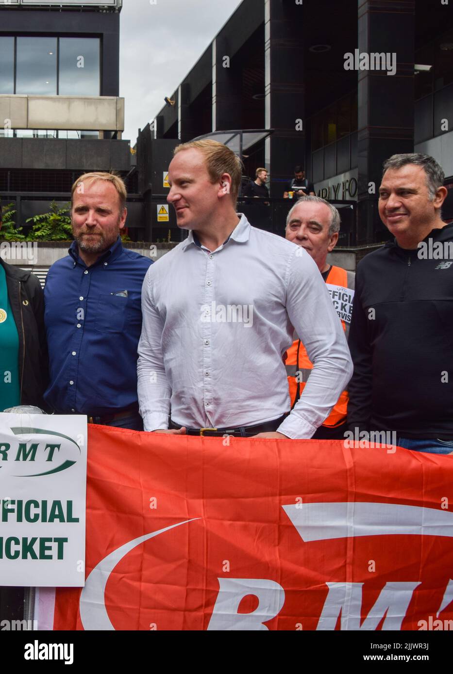 London, UK. 27th July 2022. Labour MP Sam Tarry joins the picket outside Euston Station as the national rail strike over pay and working conditions hits the UK. Stock Photo