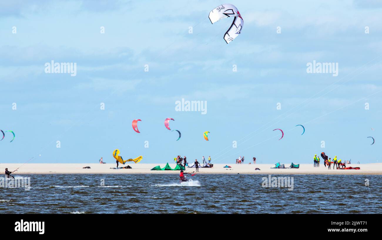 Kite surfing on a lagoon at the Sand Motor near The Hague, an