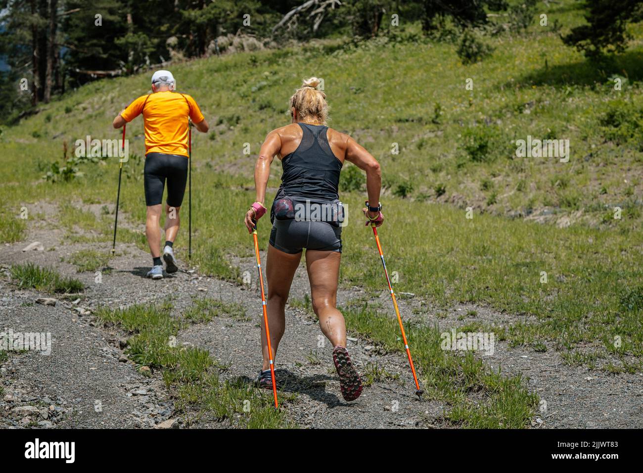 woman and man nordic walking in trail Stock Photo
