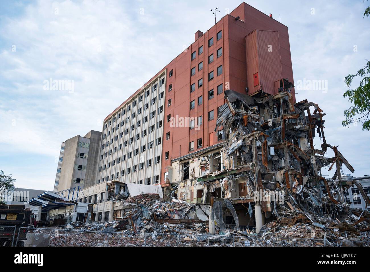 Demolition of St Joseph hospital in downtown Fort Wayne Indiana Stock
