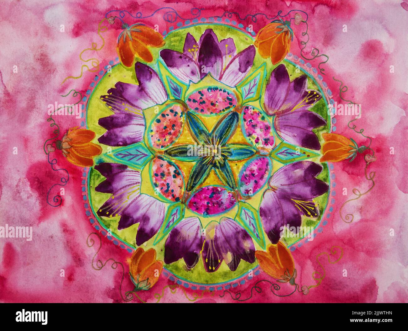 Mandala with flowers. The dabbing technique near the edges gives a soft focus effect due to the altered surface roughness of the paper. Stock Photo