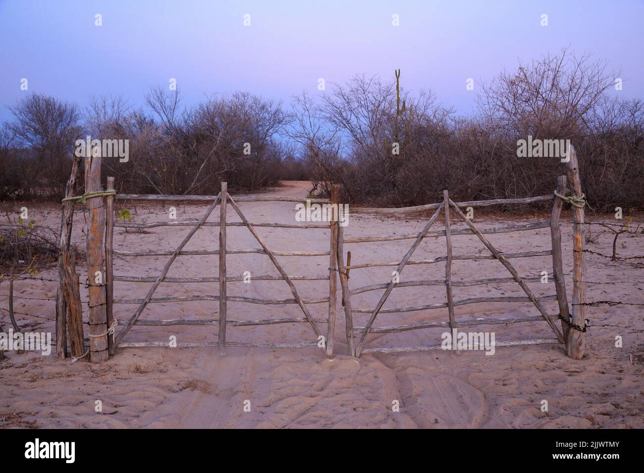 closed gate in rural area with dry caatinga vegetation in Assu, state of rio grande do norte, brazil Stock Photo
