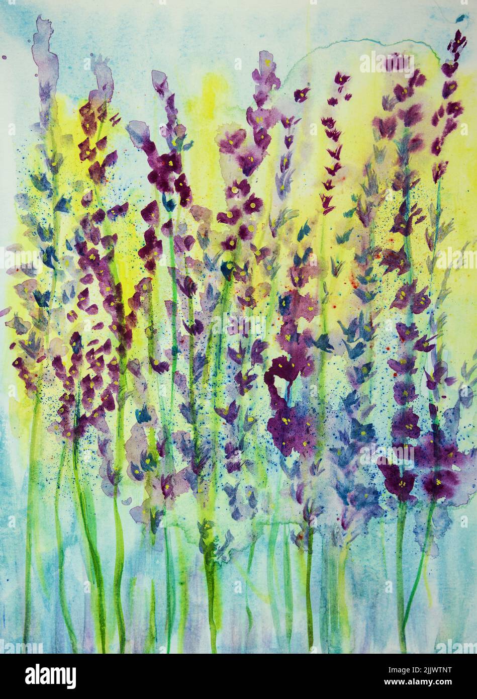 Lavender summer impression. The dabbing technique near the edges gives a soft focus effect due to the altered surface roughness of the paper. Stock Photo