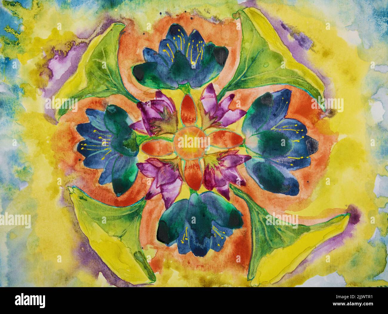 Mandala with lotus flowers and leaves. The dabbing technique near the edges gives a soft focus effect due to the altered surface roughness of the pape Stock Photo