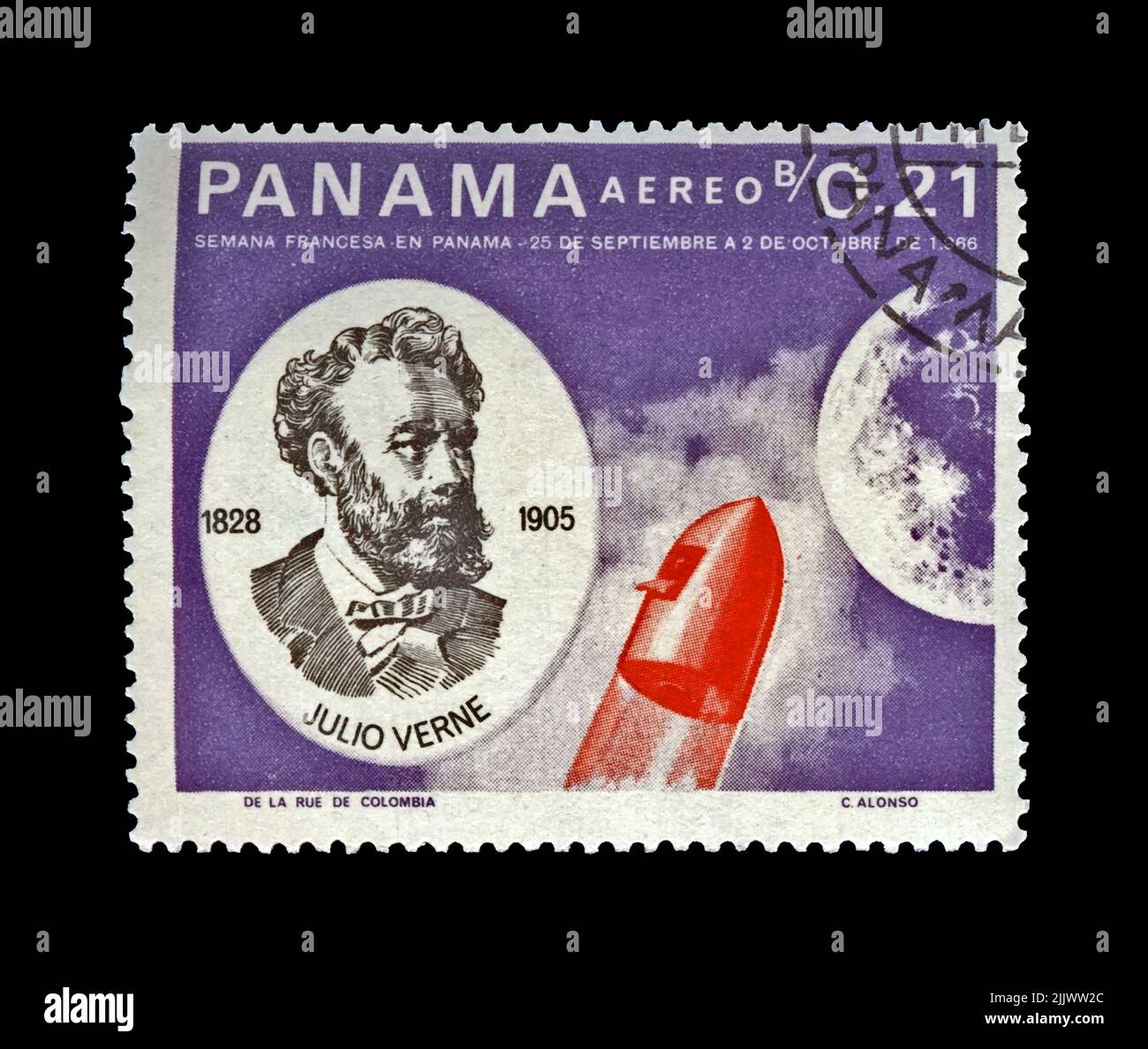 Jules Verne (1828-1905), famous science writer and capsule heading toward Moon, French Space Explorations, circa 1966. vintage postal stamp of Panama Stock Photo
