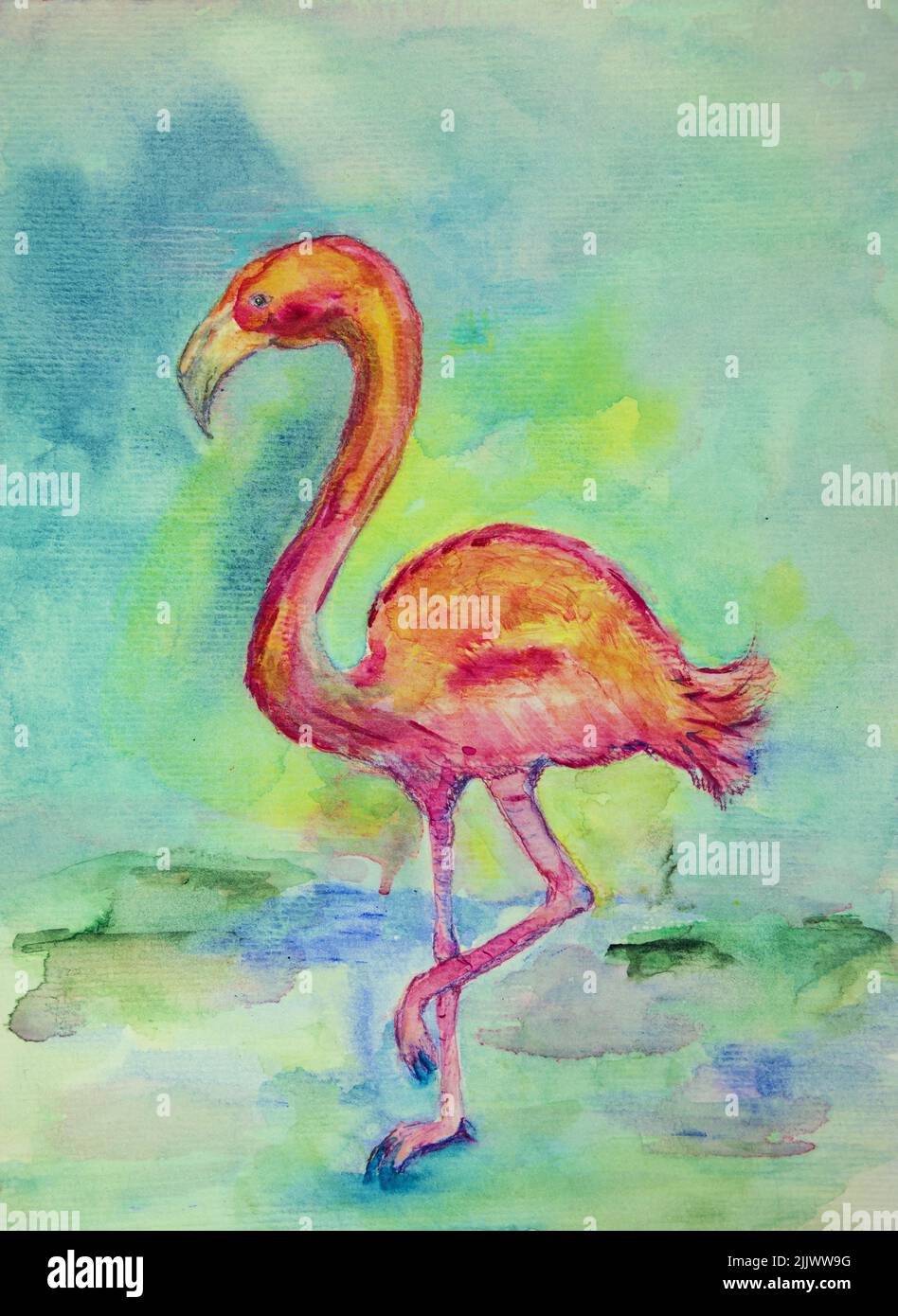 Pink flamingo. The dabbing technique near the edges gives a soft focus effect due to the altered surface roughness of the paper. Stock Photo