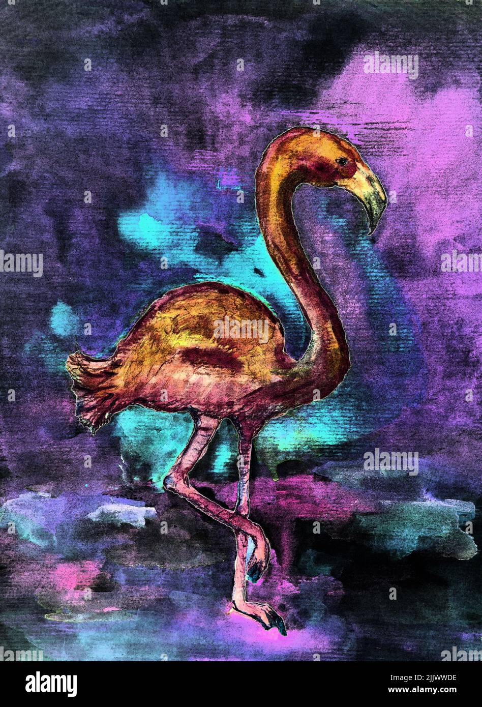 Psychedelic and trippy flamingo. The dabbing technique near the edges gives a soft focus effect due to the altered surface roughness of the paper. Stock Photo