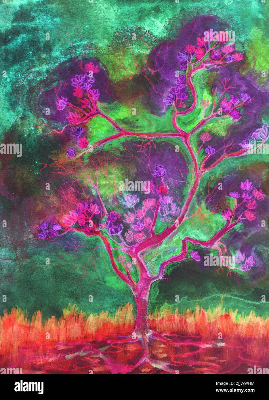 Psychedelic lotus flowers on a tree. The dabbing technique near the edges gives a soft focus effect due to the altered surface roughness of the paper. Stock Photo