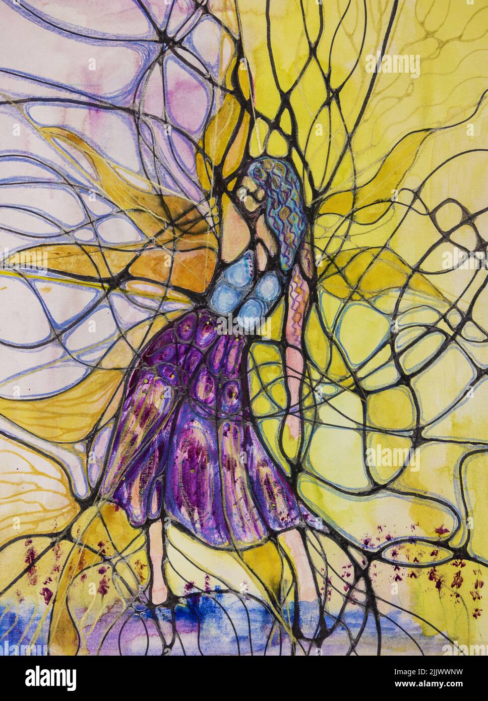 Wired dancing girl. The dabbing technique near the edges gives a soft focus effect due to the altered surface roughness of the paper. Stock Photo