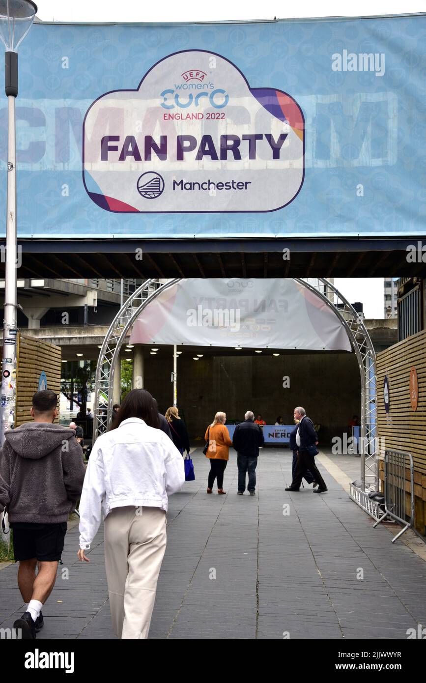 Fan Party site for UEFA Women’s EURO 2022, Piccadilly Gardens, Manchester, Greater Manchester, England, United Kingdom, British Isles. The site's final day will be 31st July, 2022, when the England women's football team, nicknamed the lionesses, play Germany at Wembley. Organisers said: 'Celebrate UEFA Women’s EURO 2022 with a Fan Party at Manchester's picturesque Piccadilly Gardens. The Fan Party will welcome fans and friends of all ages, from home and abroad, to be a part of the biggest ever European women’s sporting event.' Stock Photo