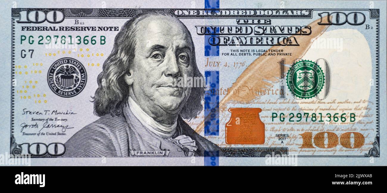 Hundred dollar bill close up. 100 dollar bill, USA money. Largest