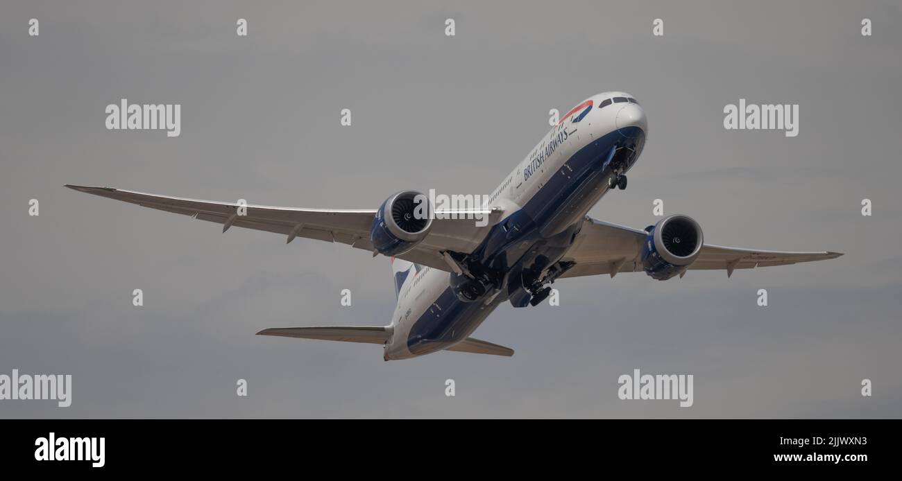 Heathrow Airport, London, UK. 28 July 2022. British Airways Boeing 767 G-ZBKD flight taking off from Southern runway at Heathrow on London to New York route Stock Photo