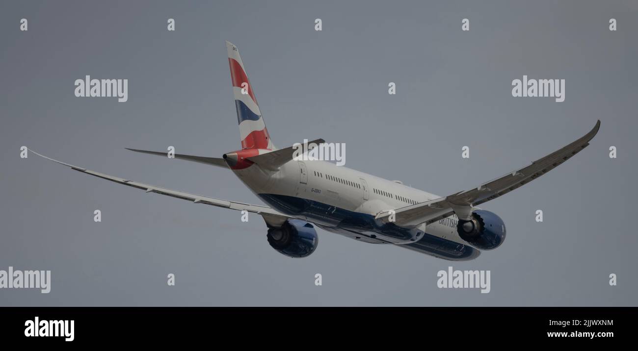 Heathrow Airport, London, UK. 28 July 2022. British Airways Boeing 767 G-ZBKD flight taking off from Southern runway at Heathrow on London to New York route Stock Photo
