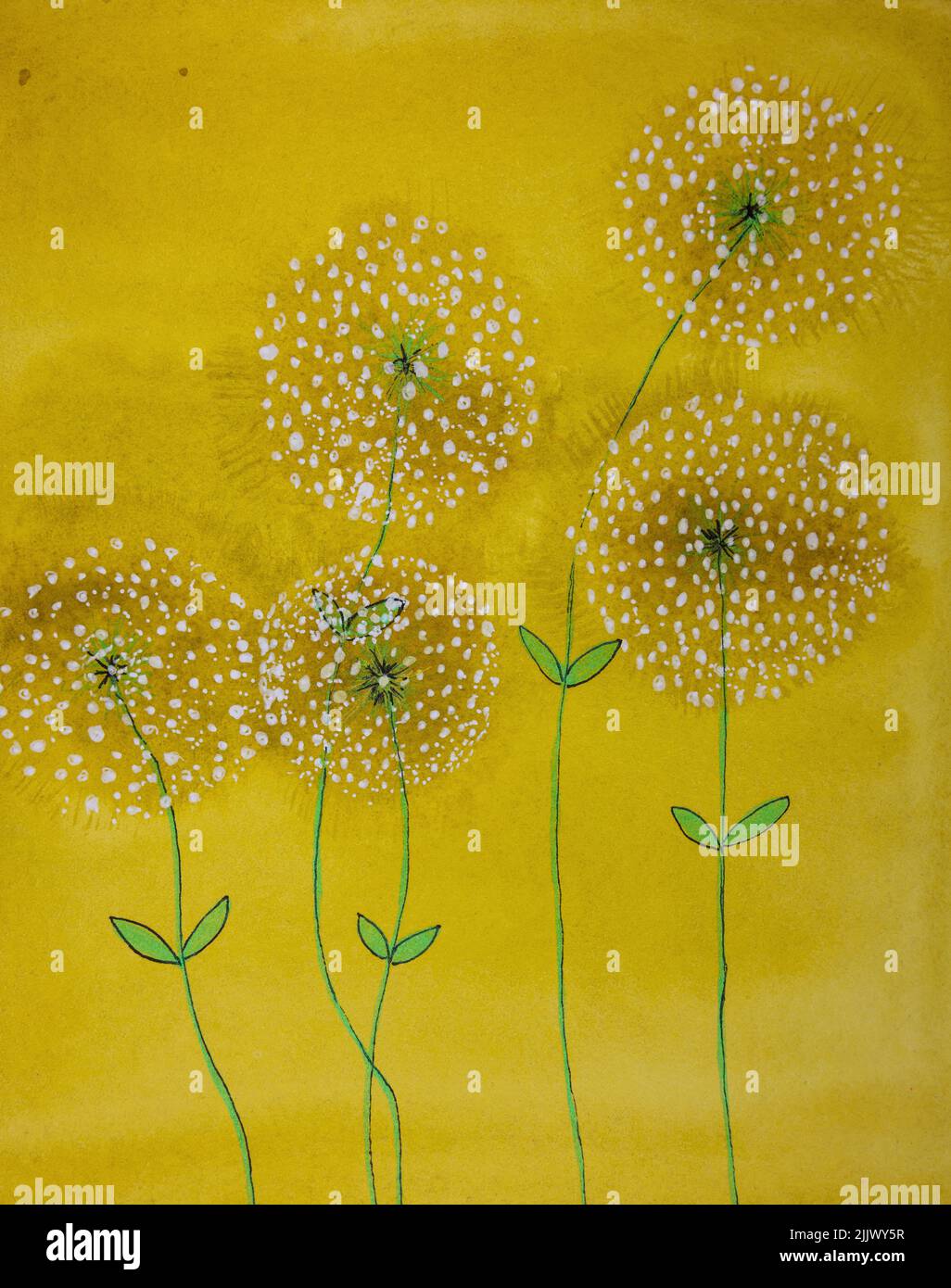 Dandelion on a gold background. The dabbing technique near the edges gives a soft focus effect due to the altered surface roughness of the paper. Stock Photo
