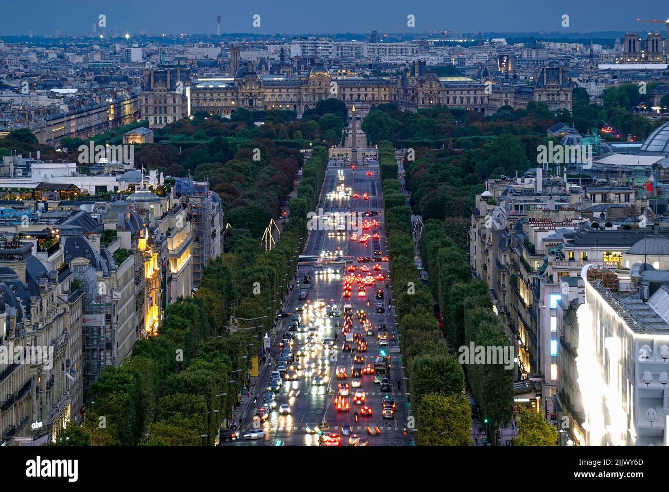 France, Paris, The Avenue des Champs-Elysees is an avenue in the 8th arrondissement, running between the Place de la Concorde in the east and the Plac Stock Photo