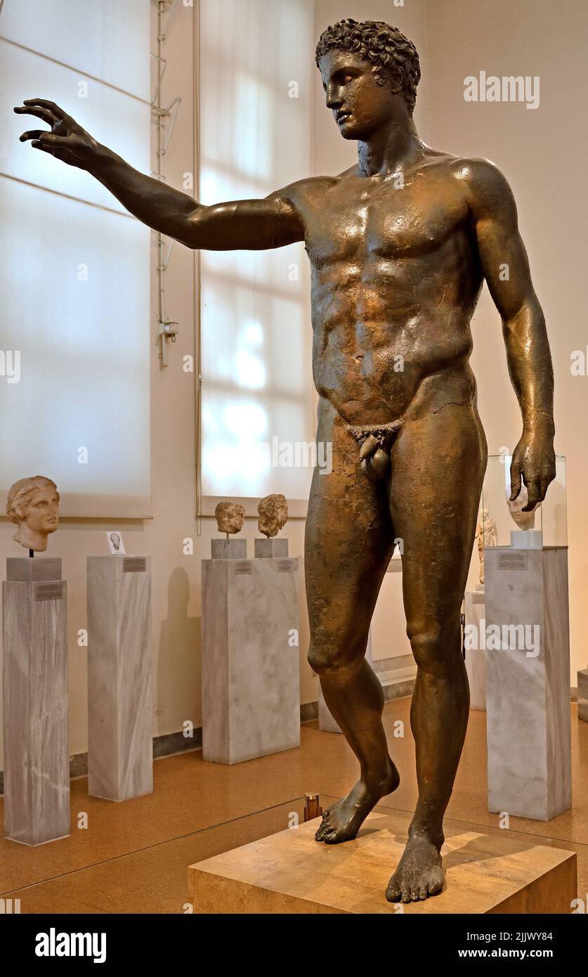 Bronze statue of a youth probably, Paris, from the Antikythera shipwreck, Attributed, Sikyonian sculptor Euphranor 340 - 330 BC, National Archaeological Museum in Athens. Stock Photo