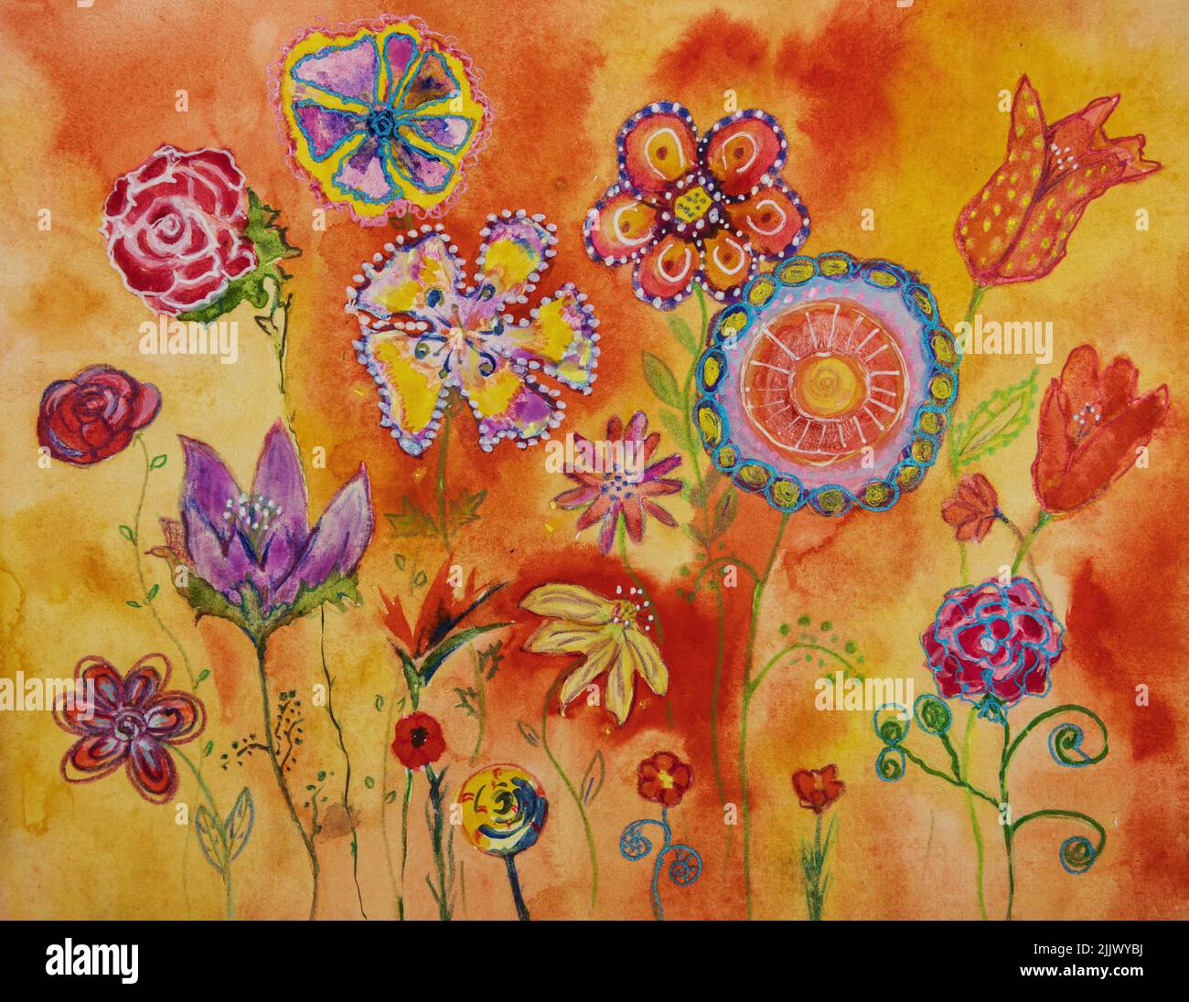 Vibrant whimsical flowers. The dabbing technique near the edges gives a soft focus effect due to the altered surface roughness of the paper. Stock Photo