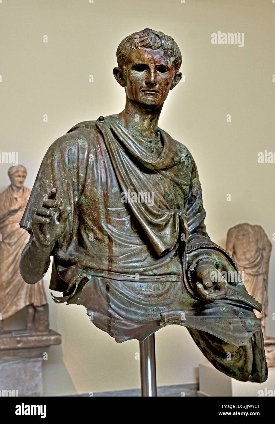 Roman bronze statue, Roman emperor Augustus, 12-10 BC, found in the Agean sea,  Island of Euboea, National Archaeological Museum in Athens. Stock Photo