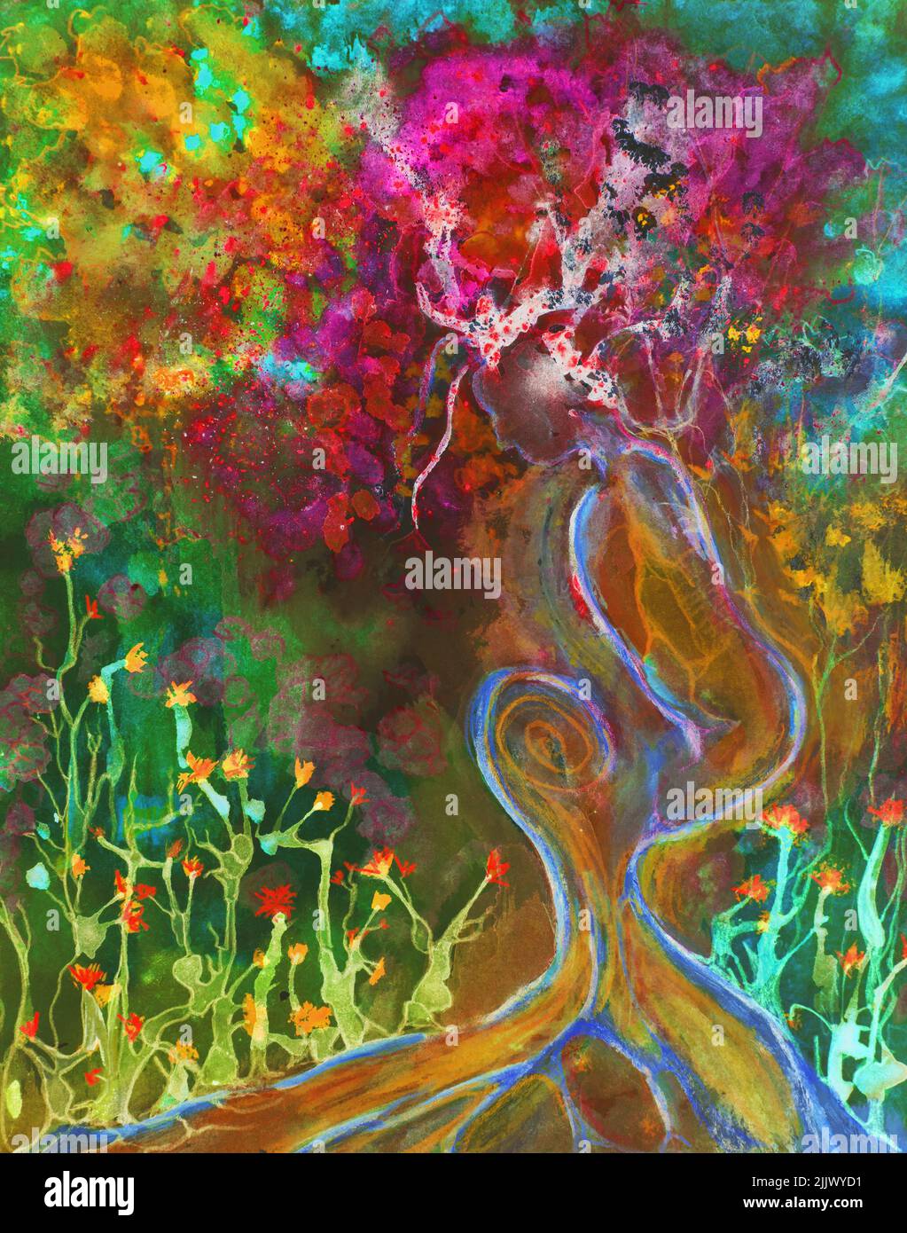 Sakura tree of life with mother nature. The dabbing technique near the edges gives a soft focus effect due to the altered surface roughness of the pap Stock Photo