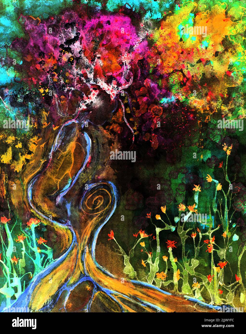 Psychedelic tree of life with sakura. The dabbing technique near the edges gives a soft focus effect due to the altered surface roughness of the paper Stock Photo