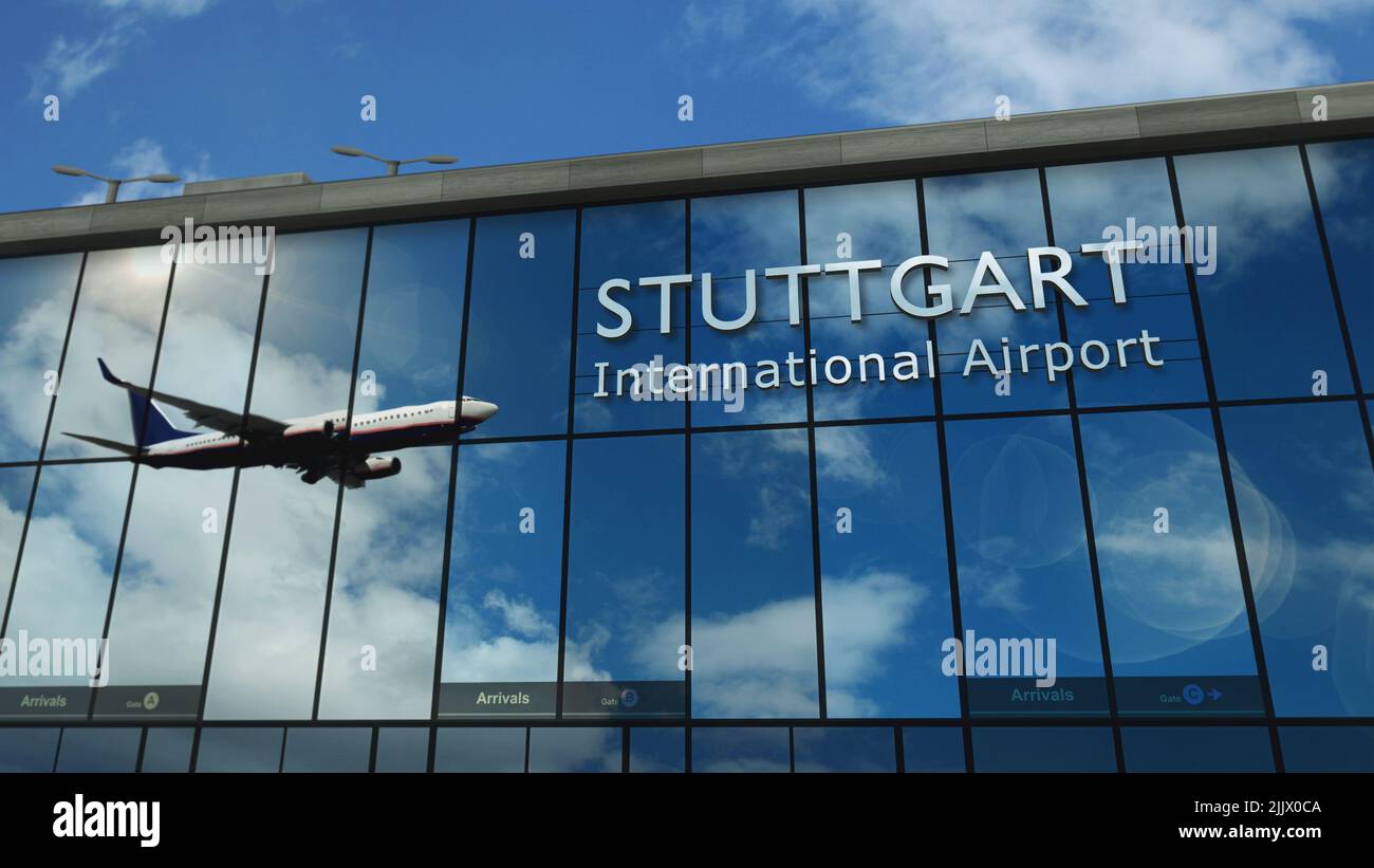 Aircraft landing at Stuttgart, Germany 3D rendering illustration. Arrival in the city with the glass airport terminal and reflection of jet plane. Tra Stock Photo
