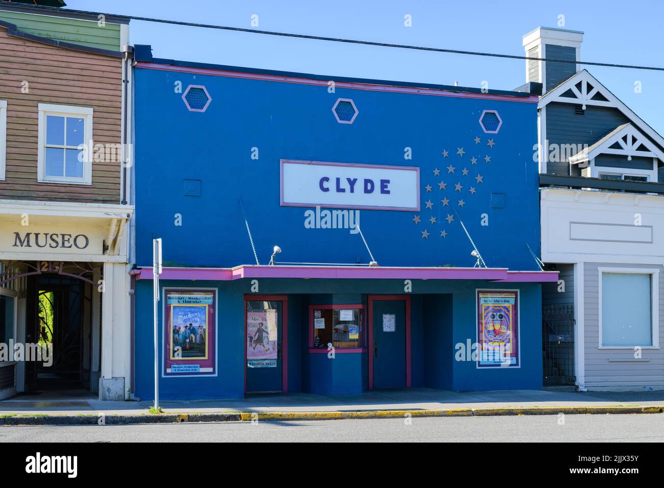 langley, WA, USA - July 26, 2022; Old time Clyde Theatre in Langley on Whidbey Island Washington with awning and movie posters Stock Photo