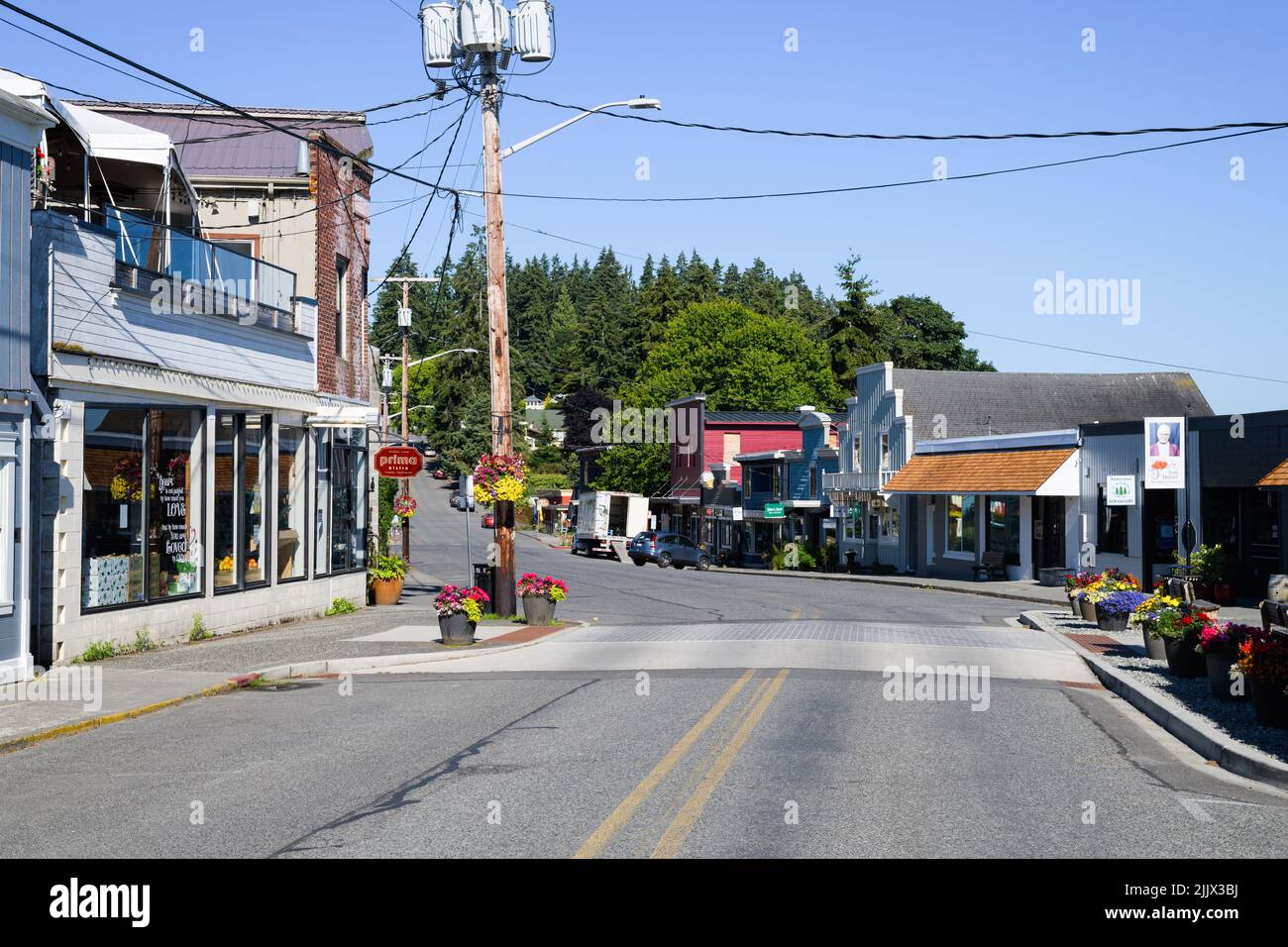 Langley, WA, USA - July 26, 2022; Downtown Langley on Whidbey Island on a fine summer morning Stock Photo