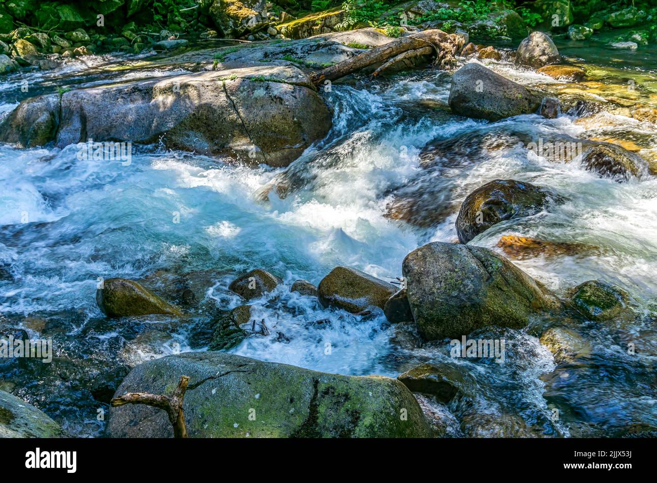 Rapids create whitewater at Denny Creek in Washington State. Stock Photo