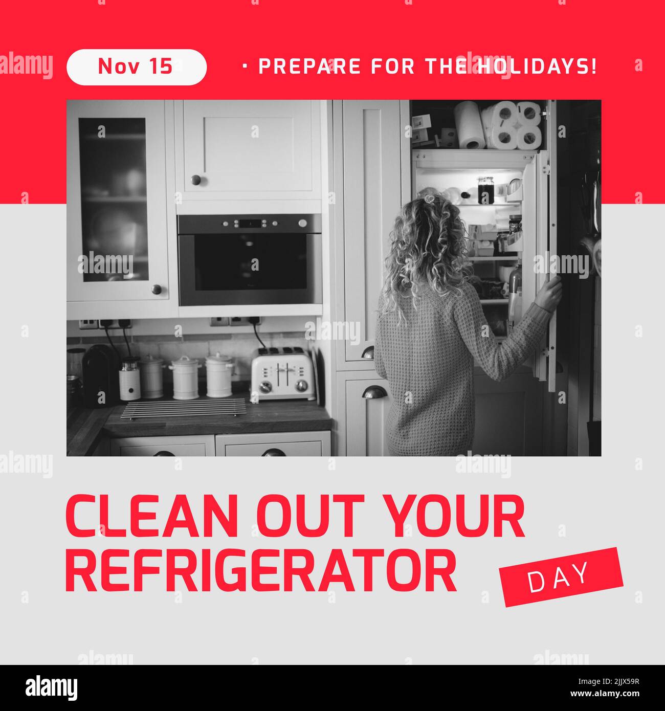Image of clean out you refrigerator today over caucasian woman looking