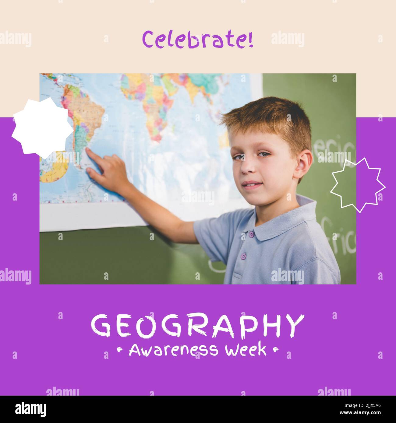 Image of geography awareness week over happy caucasian boy with map Stock Photo