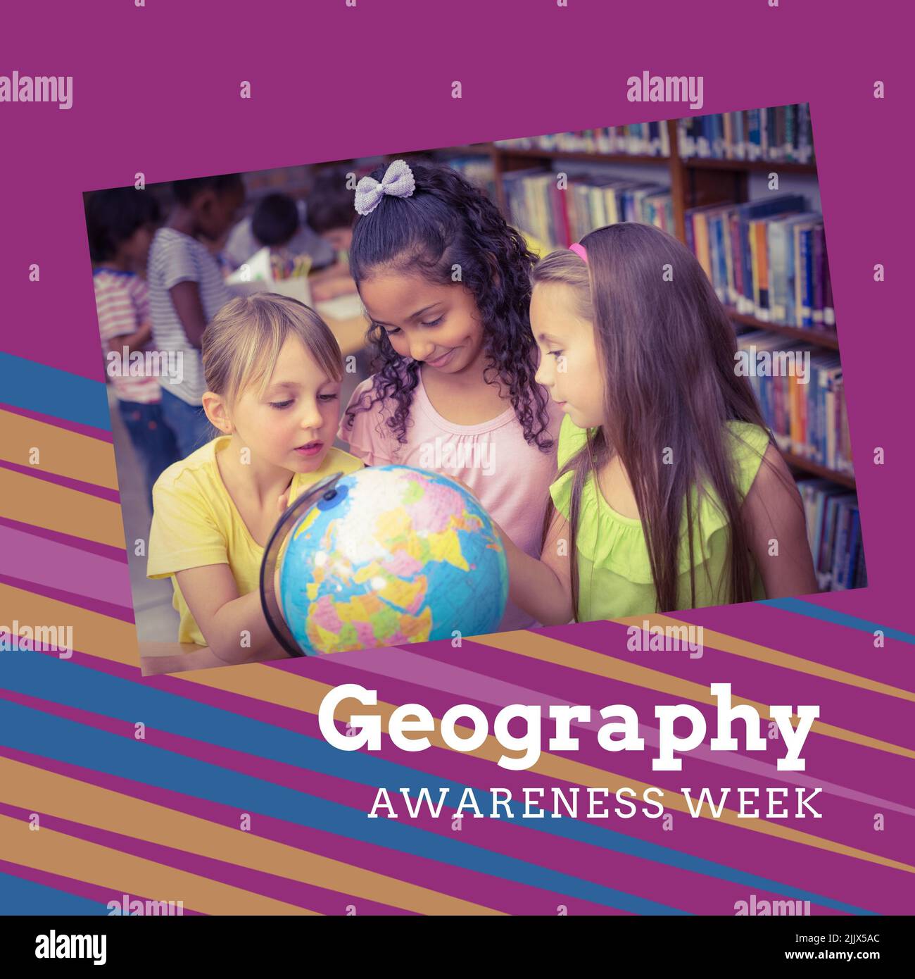 Image of geography awareness week over happy diverse girls with globe
