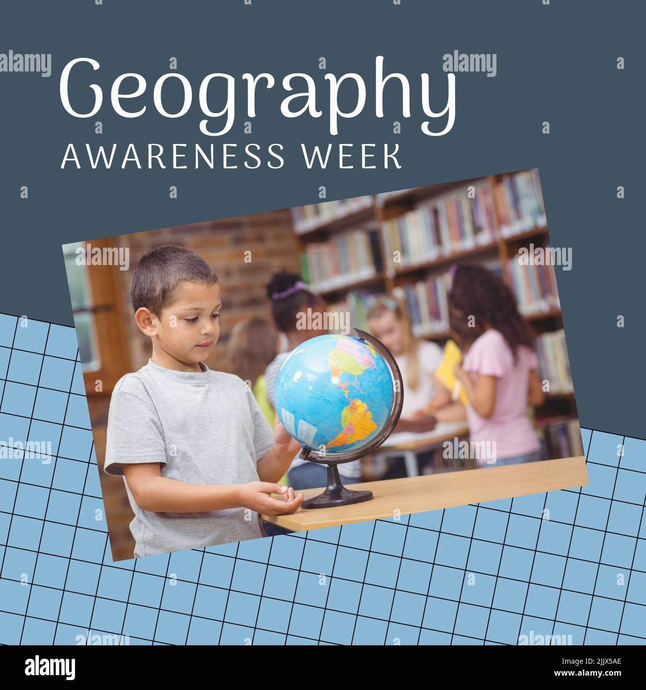 Image of geography awareness week over happy caucasian boy with globe Stock Photo