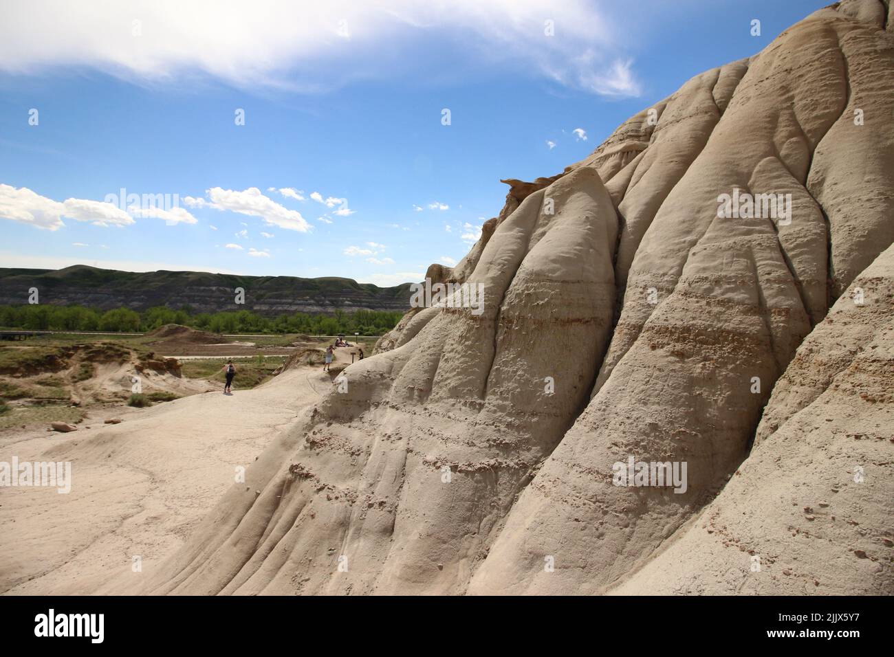 A closeup of the Hoodoos with their stratas (the Badlands) under the blue sky, Alberta, Canada Stock Photo