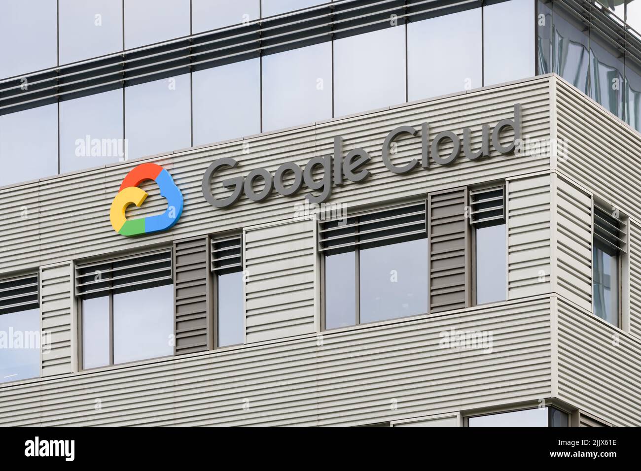 Seattle - July 17, 2022 Sign for Google Cloud business in gray with colored logo in Seattle Stock Photo