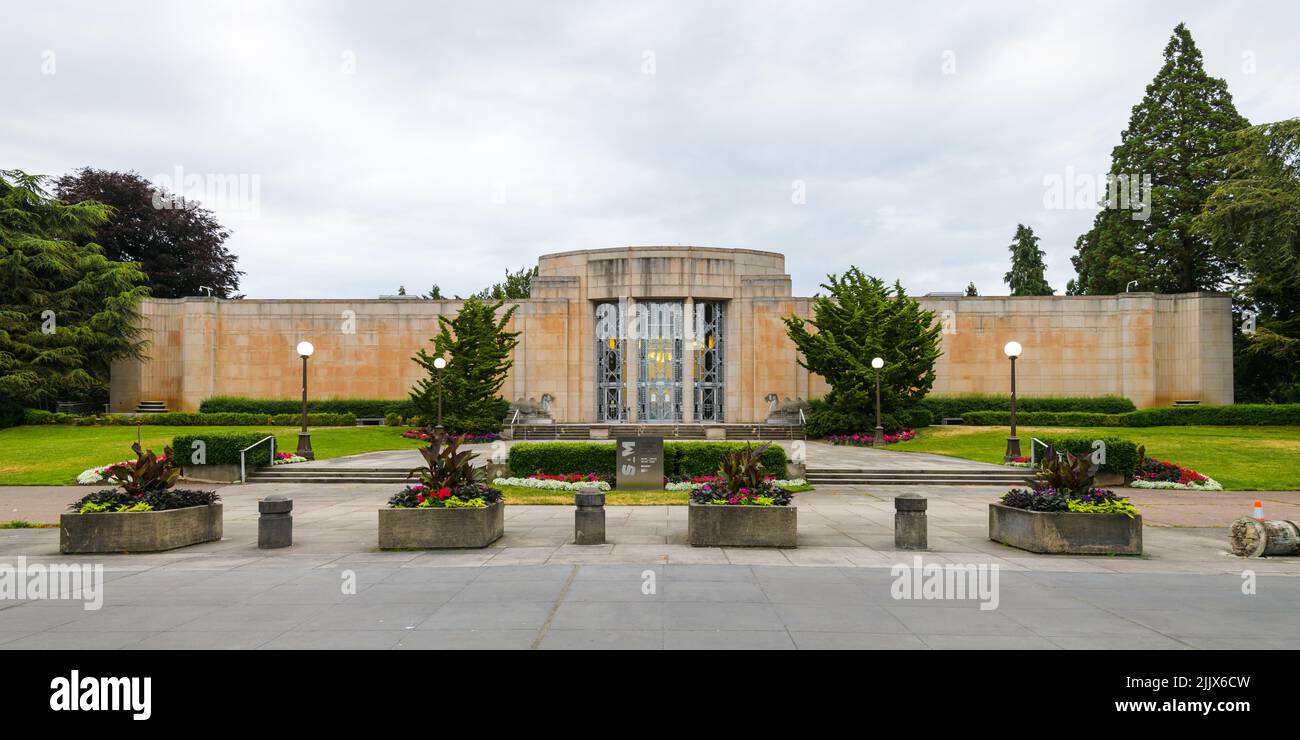 Seattle - July 17, 2022 Seattle Asian Art Museum in panorama with summer flowers in Volunteer Park in Seattle Stock Photo