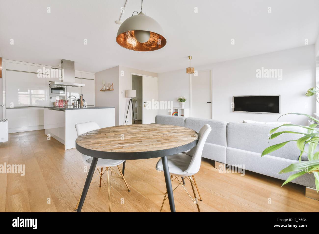 Contemporary open plan kitchen with dining table set and gray sofa in ...