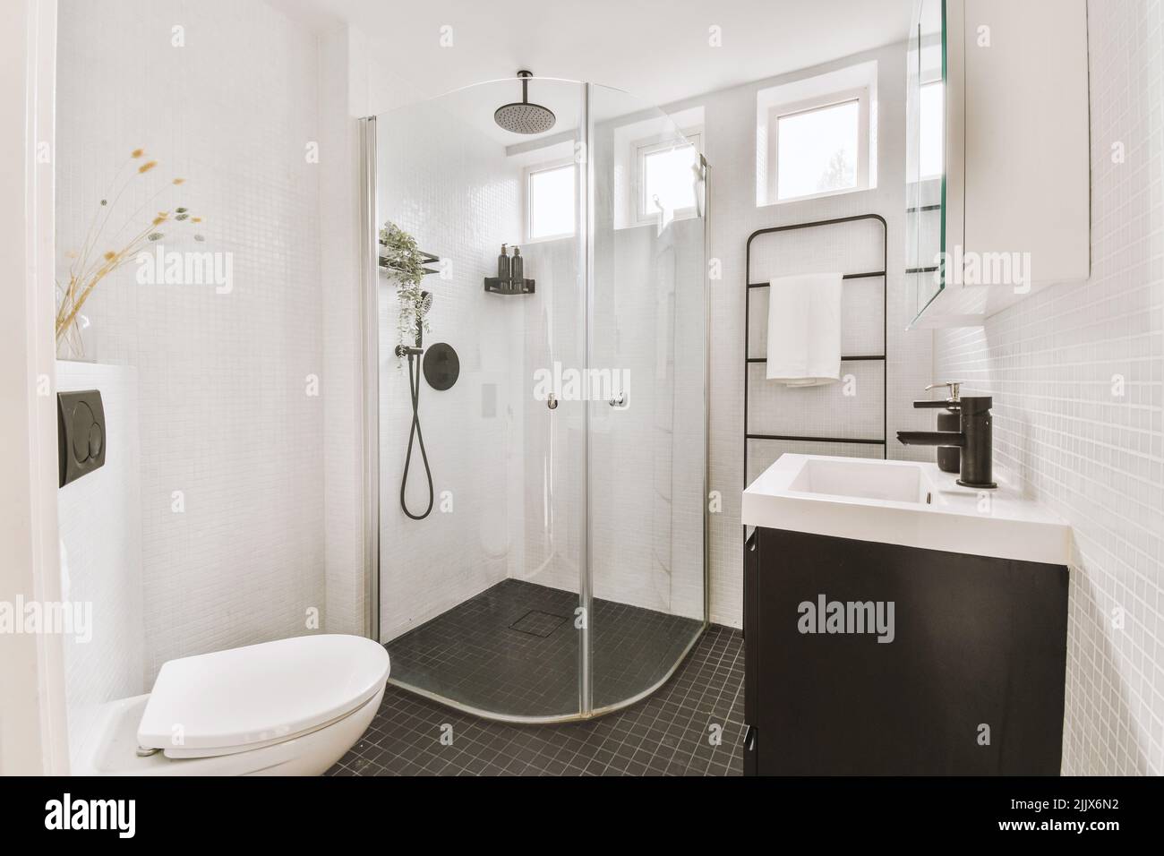 Interior of a sink with a shower closed with a screen next to the