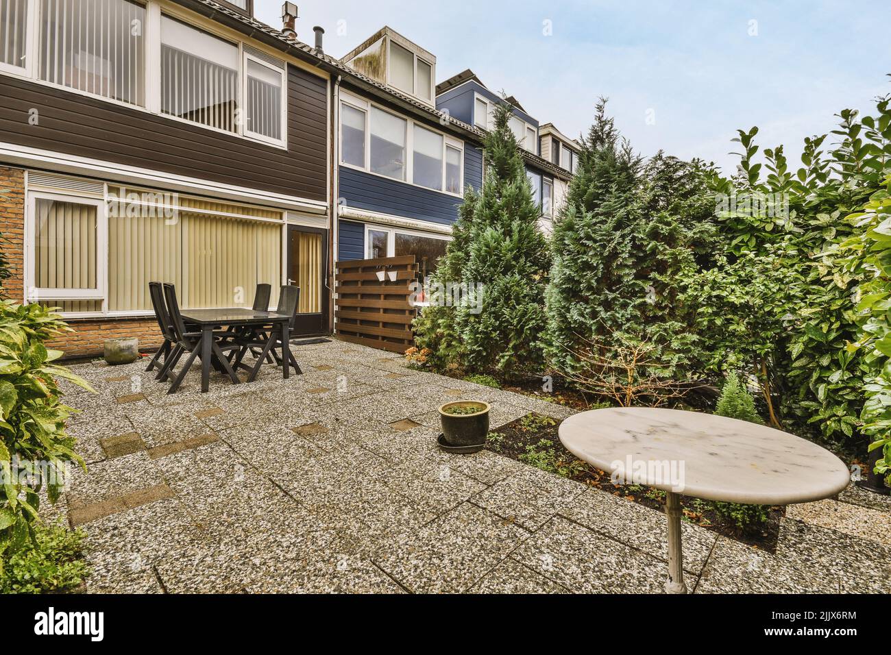 Backyard of a house with table and chairs with trees and green plants ...