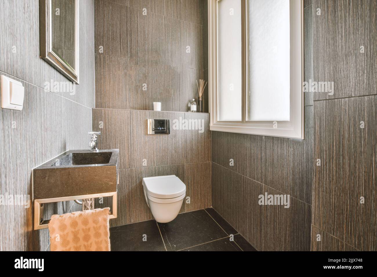 Interior of a sink next to a toilet with brown walls and dark ground Stock Photo