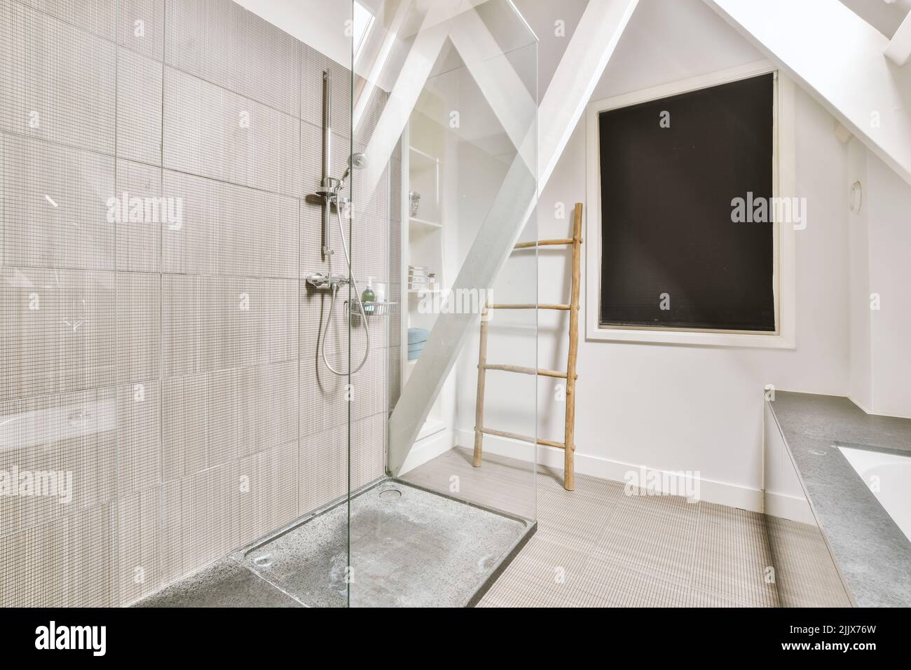 Interior of a sink with a shower closed with a screen next to bathtub