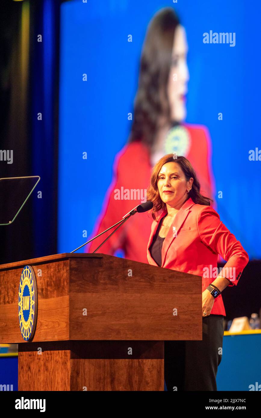 Detroit, Michigan, USA. 27th July, 2022. Michigan Governor Gretchen Whitmer spoke at the United Auto Workers 38th constitutional convention. Credit: Jim West/Alamy Live News Stock Photo