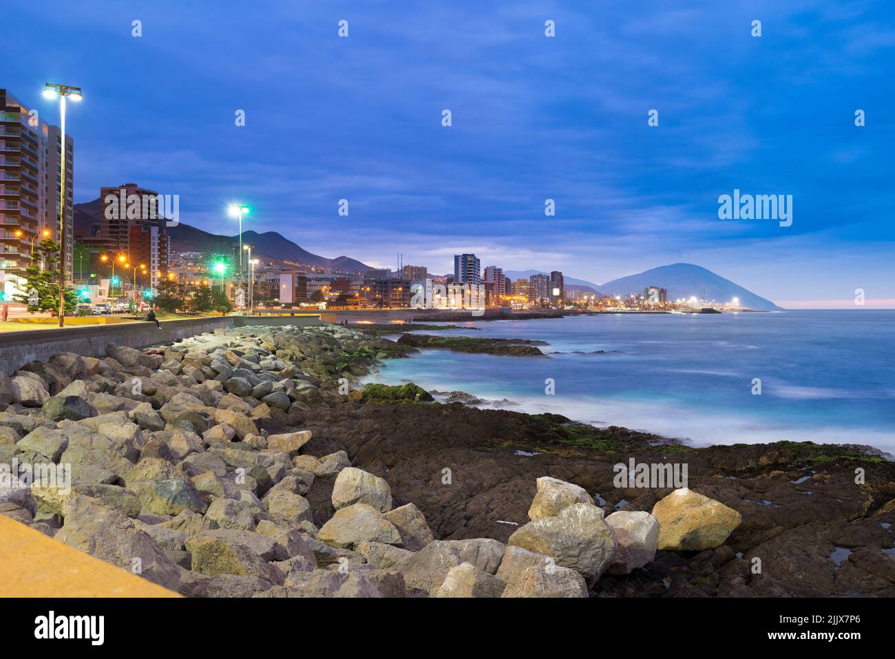 Panoramic view of the coastline of Antofagasta, know as the Pearl of the North and the biggest city in the Mining Region of northern Chile. Stock Photo