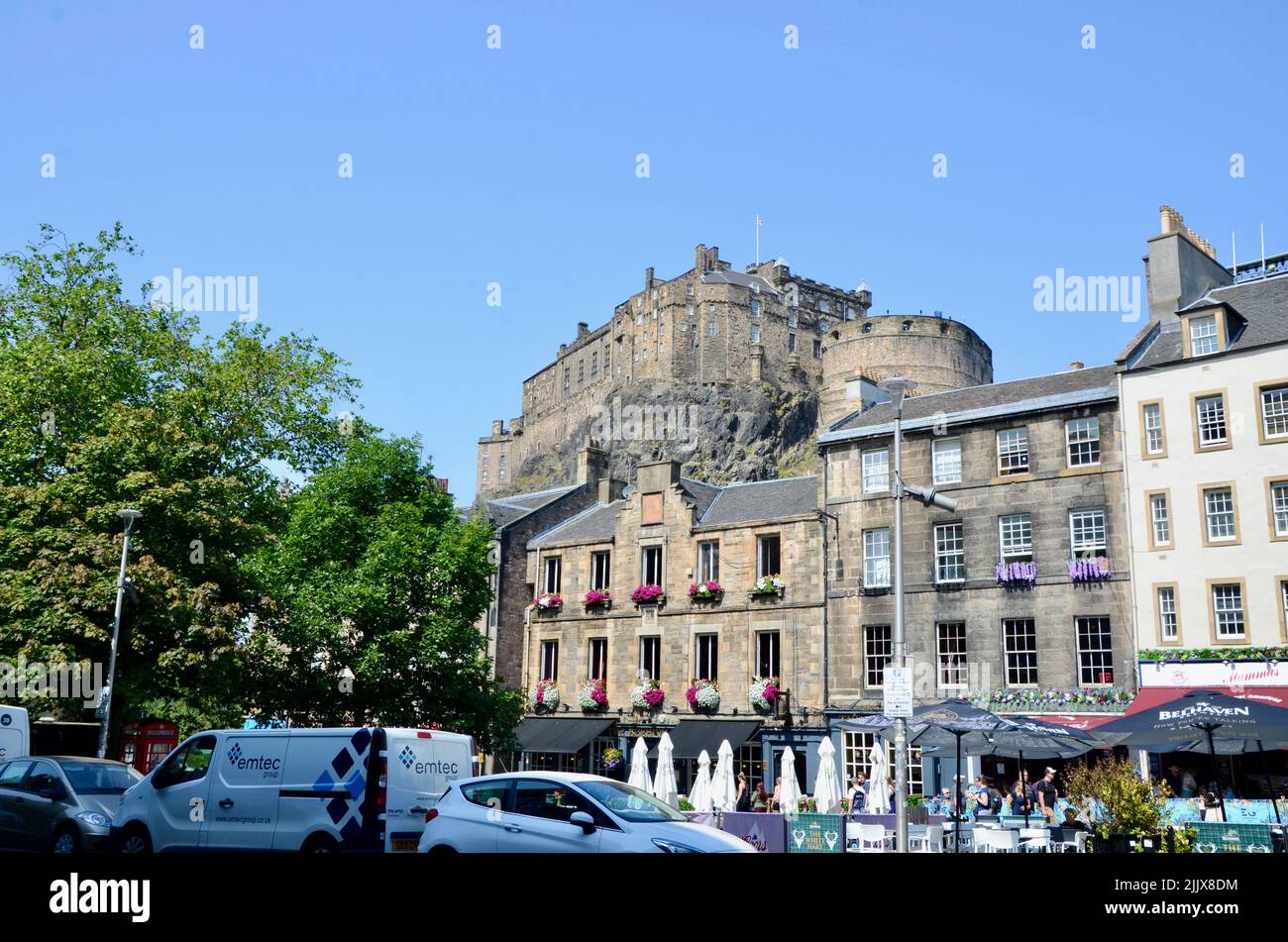 edinburgh castle from street level  royal mile scotland in summer 2022 UK Stock Photo