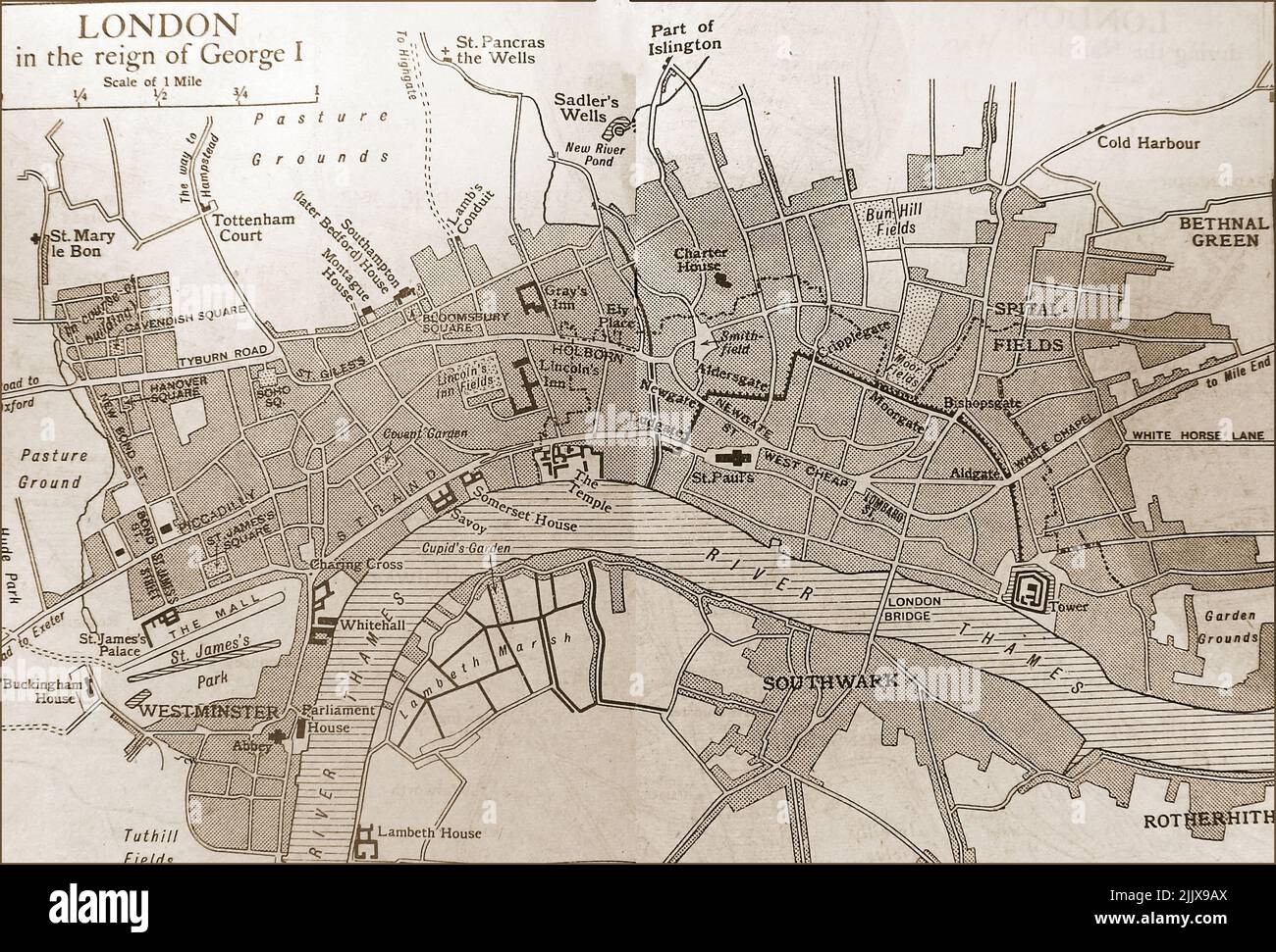 An old map of London at the time of King George I,  (circa 1700s) Stock Photo