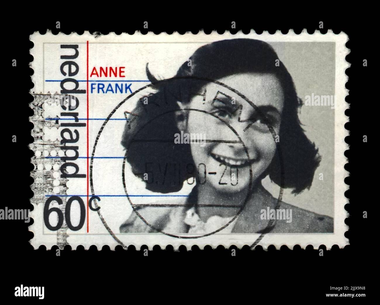 Jewish girl Anne Frank(12 Jun 1929–Feb-Mar 1945),35th anniversary of liberation from the Germans, circa 1980.canceled postal stamp of Netherlands. Stock Photo