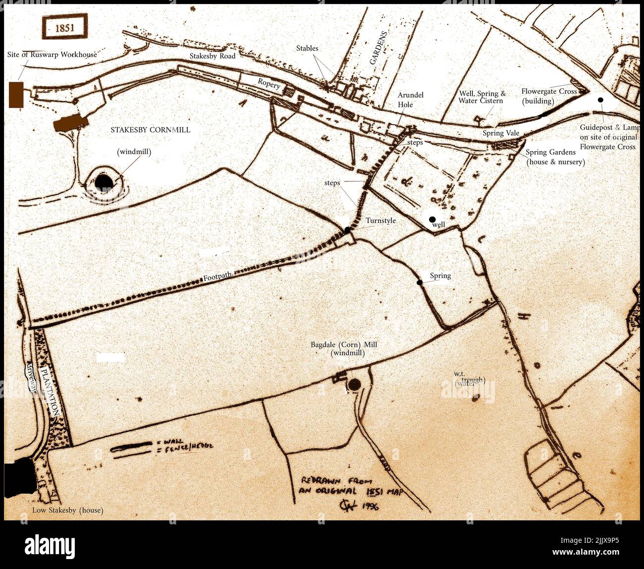 A copy of an 1851 map of Stakesby Fields and Bagdale area, Whitby, N Yorkshire. Stock Photo